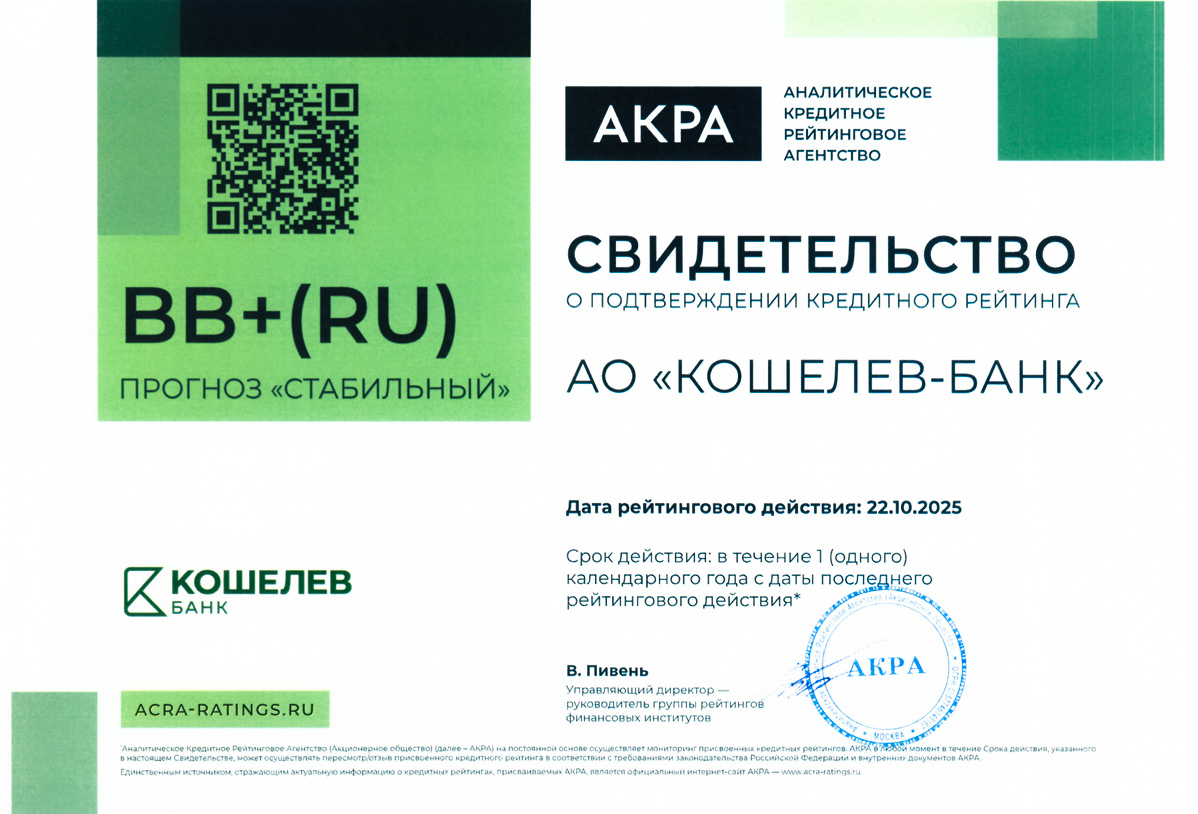 РЕЙТИНГ АО «КОШЕЛЕВ-БАНК»